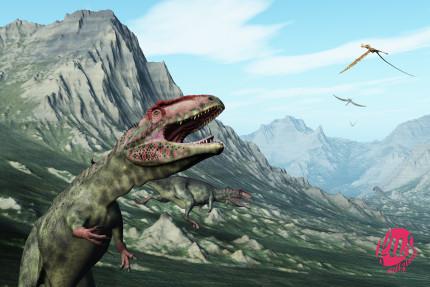 Prehistoric mountain scene Giganotosaurus dinosaurs and anhanguera pterodactyls - 3d render.