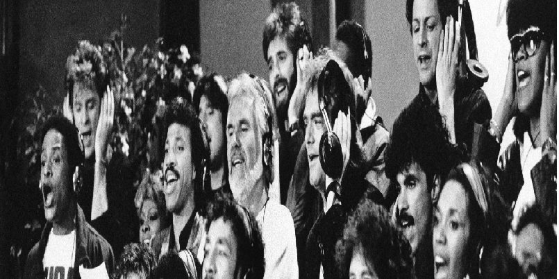 Some of a group of 45 music artists calling themselves "USA For Africa" recording "We Are The World" in Los Angeles, Calif. Jan. 30, 1985. Bottom row, from left; Cyndi Lauper, Bruce Springsteen, James Ingram, Smokey Robinson, Ray Charles, Sheila E., June Pointer, Randy Jackson. Middle row, from left; Al Jarreau, Dionne Warwick, Lionel Richie, Kenny Rogers, Huey Lewis, Bob Dylan, John Oates, Ruth Pointer. Top row, from left; Daryl Hall, Steve Perry, Kenny Loggins, Jeffrey Osborne, Lindsay Buckingham, and Anita Pointer. (AP Photo)