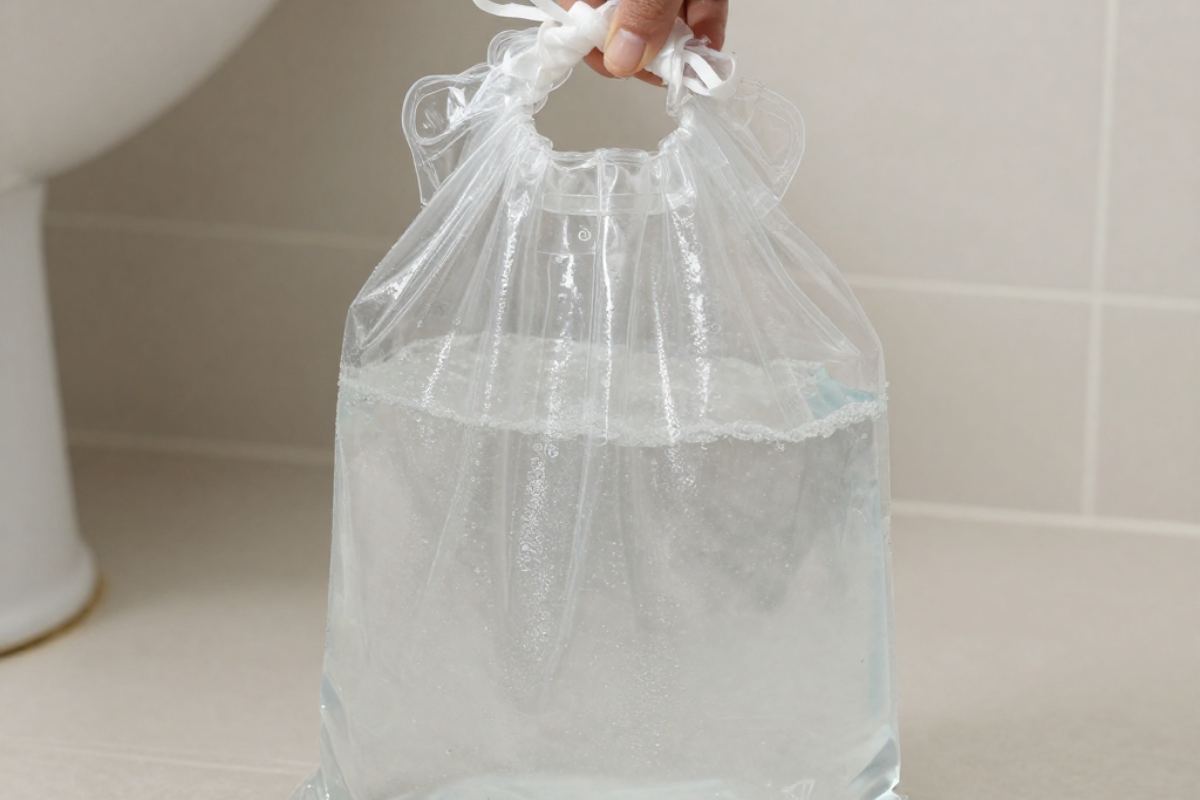 sacchetto pieno d'acqua in bagno